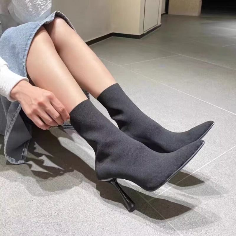 TRAF Black High Heel Sock Boots For Women Elegant Knitting Stretch  Ankel Boots Office Lady Pointed Toe Heels Autumn Heeled Boot