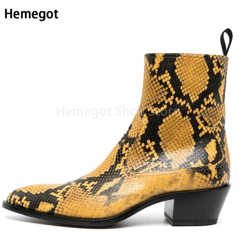 Cowhide Snake Print Boots Men's Chelsea Boots Summer Fashion Personality New Pointed Toe Heightened Side Zipper Casual Shoes