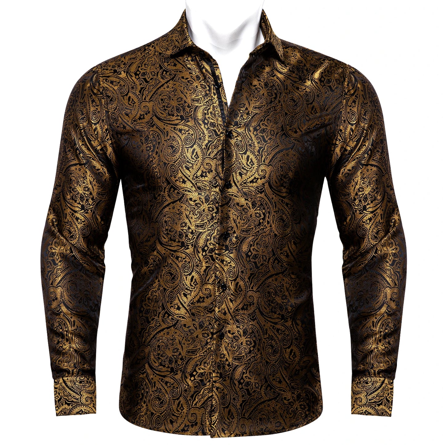 Barry.Wang 4XL Luxury Gold Paisley Silk Shirts Men Long Sleeve Casual Flower Shirts For Men Designer Fit Dress Shirt BY-0061
