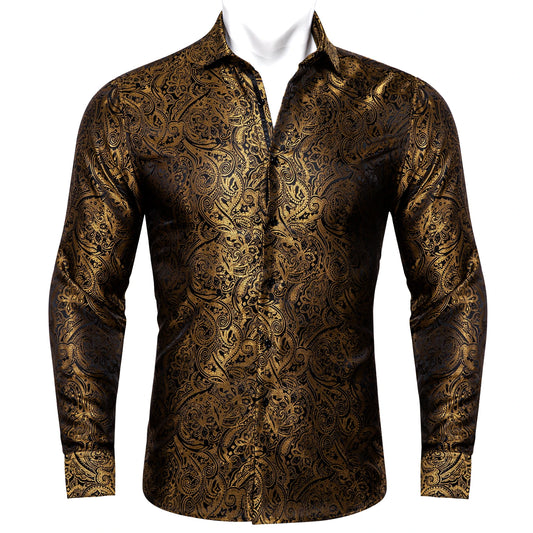 Barry.Wang 4XL Luxury Gold Paisley Silk Shirts Men Long Sleeve Casual Flower Shirts For Men Designer Fit Dress Shirt BY-0061