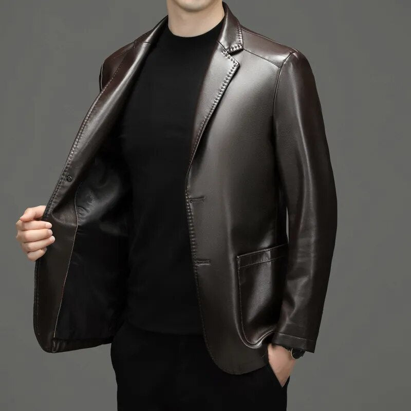High Quality Men's Suit Leather Coat Autumn and Winter New Sheep Skin Casual Small Suit Coat Men's Leather Jacket