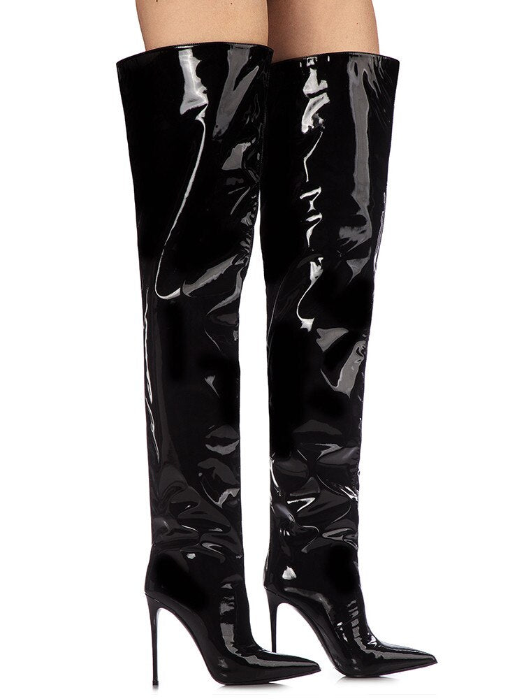 2023 New Super High Heel Boots Women's Stiletto Over Knee Synthetic Leather Socks Woman Boots Slim Fit Thigh High Boots