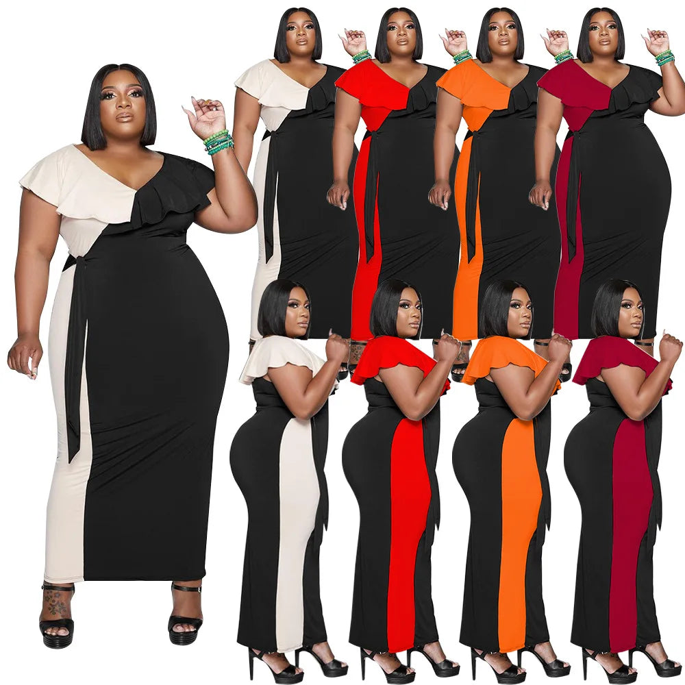 Wmstar Plus Size Women Dresses Summer patchwork Sexy Bodycon Stretch Solid v neck Maxi office lady Dress Wholesale  Dropshipping