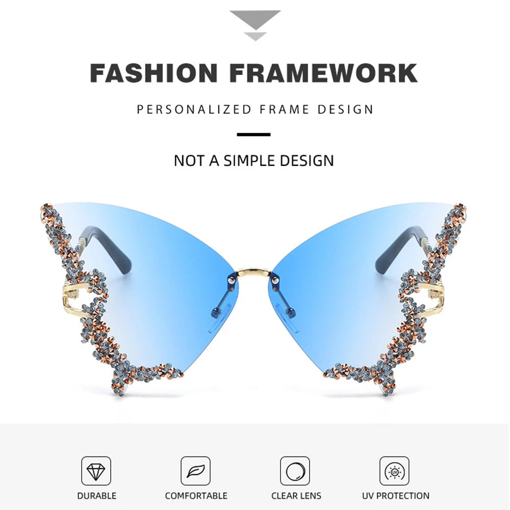 Luxury Diamond Butterfly Sunglasses Women Brand  Vintage Rimless Oversized Sun Glasses Ladies Eyewear Holiday Decorative Eyewear