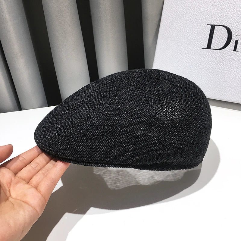 Summer Thin Mesh Forward Hat New Casual Wild British Ladies Beret Retro Hollow Breathable Niche Couple Sunscreen Shade Straw Hat