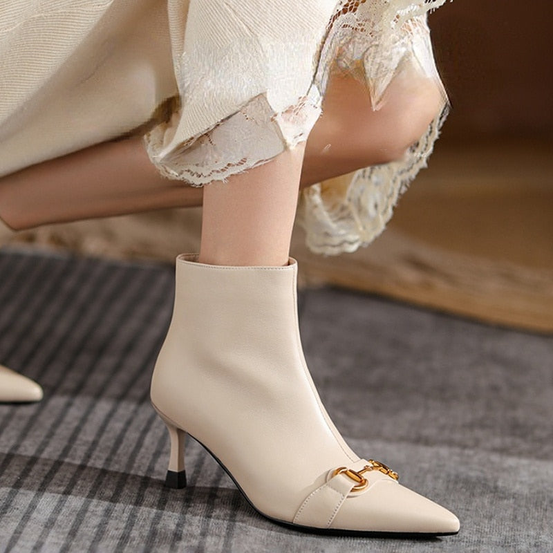 Autumn and Winter Women's Short Boots Large 43 Leather Boots New Plush High Heels Women's Shoes Full Leather Fashion Nude Boots