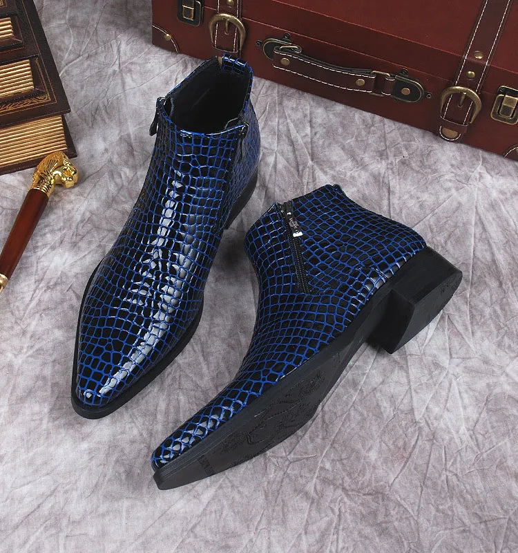 Men Ankle Boots Genuine Leather Black Blue Pointy Men Elegant Dress Boot Italian Formal Crocodile Pattern Chelsea Boot Shoes Men