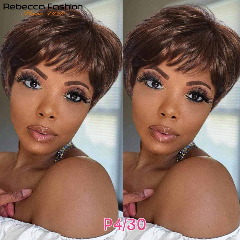 Short Human Hair Wigs Pixie Cut Straight Remy Brazilian Hair for Black Women Machine Made Highlight Color Cheap Glueless Wigs