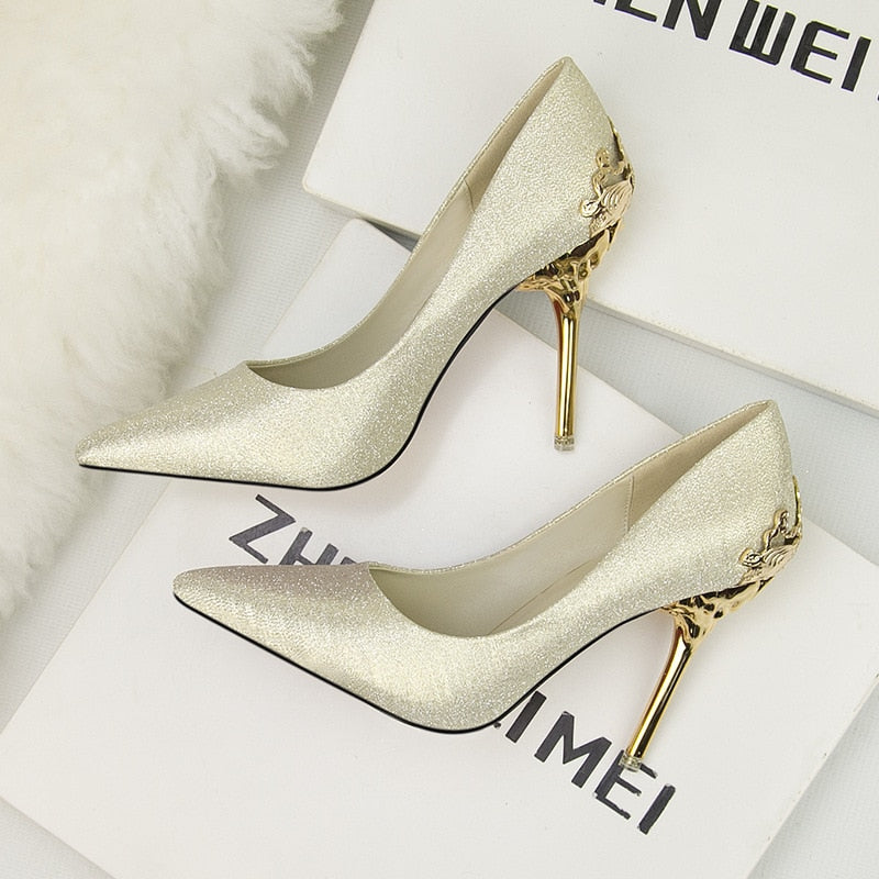 Pointed single shoe women's wedding shoes red bride's shoes metal hollowed out suede thin heeled high heels  luxury