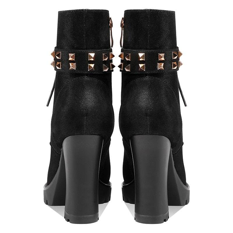 Black Spring Autumn Women Ankle Boots Cross-tied Super high heel Round Toe Fashion Rivets Zipper Platform Boots