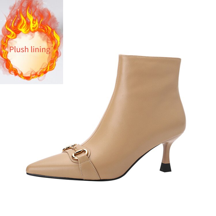Autumn and Winter Women's Short Boots Large 43 Leather Boots New Plush High Heels Women's Shoes Full Leather Fashion Nude Boots
