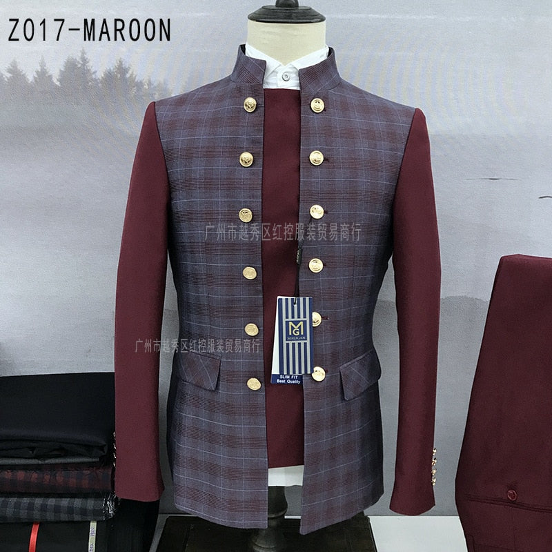 Fashionable Patchwork Suits for Men 2 Pieces Slim Fit Fashion Chinese Tunic Suit Blazer Pants Luxury Gold Buttons Plaid Tuxedos