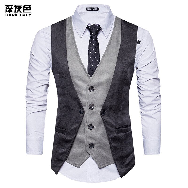 Men Formal Waistcoat Vest Business Solid Color Single Button Vest gilet Fake Two-pieces V Neck Casual S-lim chalecos para hombre