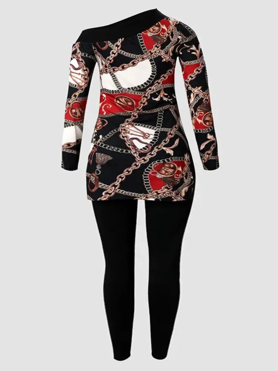 LW Casual Plus Size Chain Print Side Split Pants Set for 2023 Women Bateau Neck Long Sleeve Two Pieces Matching Suits Outfit
