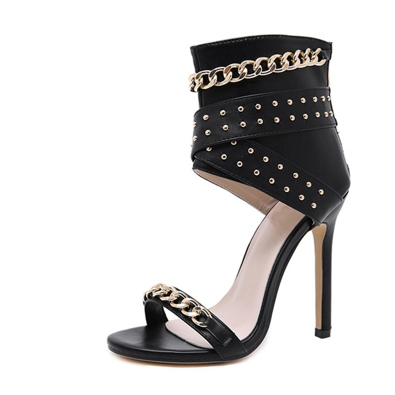 2023 New Rivet Metal Decoration High Heel Sandals Women Cover Heel For Party Gladiator Ladies Shoes Black Size 35-40