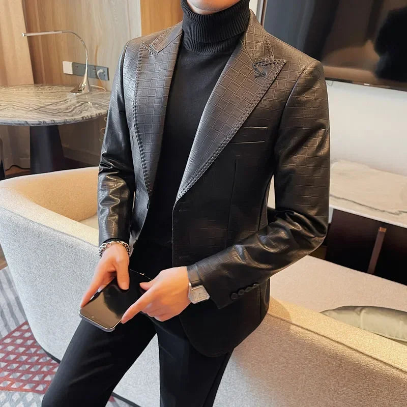 2023 Autumn Winter Checkered Leather Jacket Men Business Slim Fit Casual Blazer Party Stage Singer Social Dress Coat Streetwear