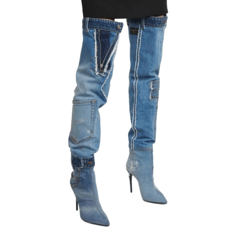 2023 New Women's Washed Blue High Cowboy Boot Pointed Toe Slim High Heel Spice Girl Pocket Spliced Over Knee Boots Women Shoes