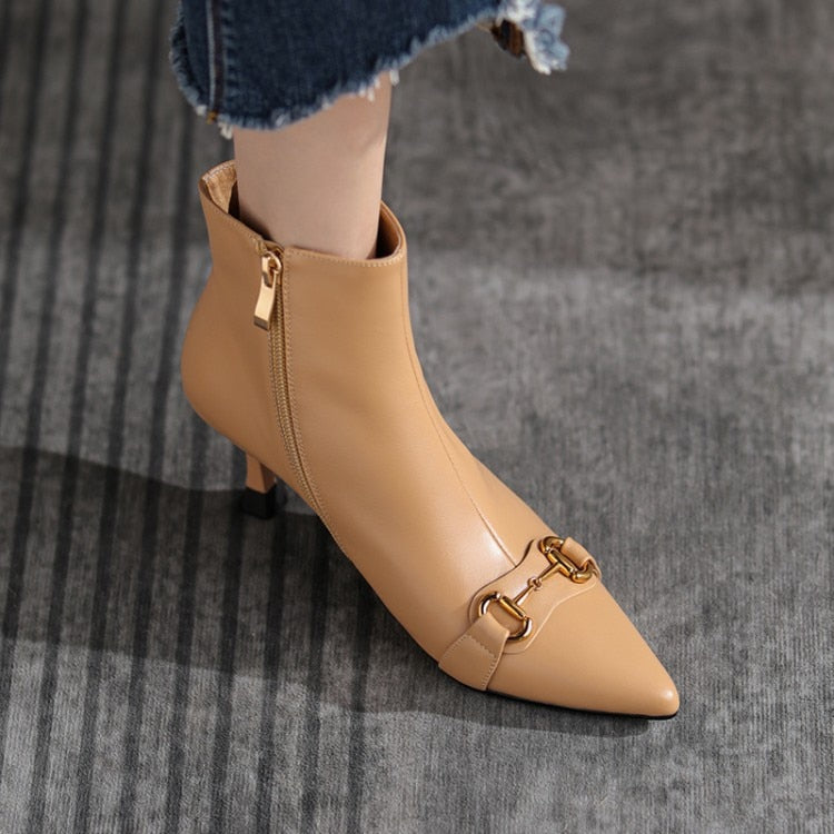 Autumn and Winter Women's Short Boots Large 43 Leather Boots New Plush High Heels Women's Shoes Full Leather Fashion Nude Boots
