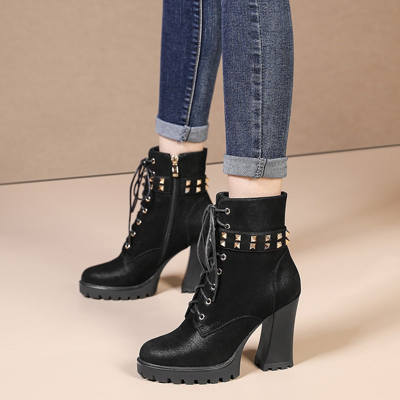 Black Spring Autumn Women Ankle Boots Cross-tied Super high heel Round Toe Fashion Rivets Zipper Platform Boots