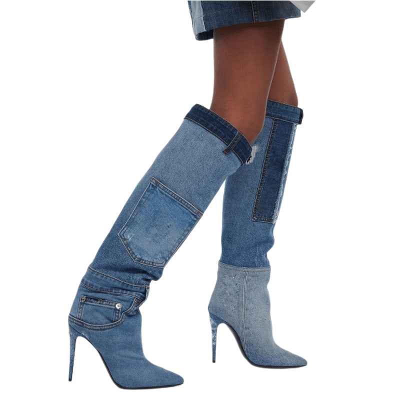 Autumn/Winter 2023 New High Heel Cowboy Boot Water Wash Pocket Design Pointed High Heel Sexy Motorcycle Knee Boots