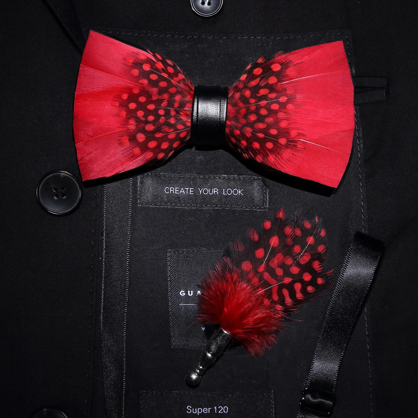 Original Design Red Birds Feather Bow Tie Natural Hand Made Bowtie Brooch Set For Men Business Party Wedding with Wood Gift Box