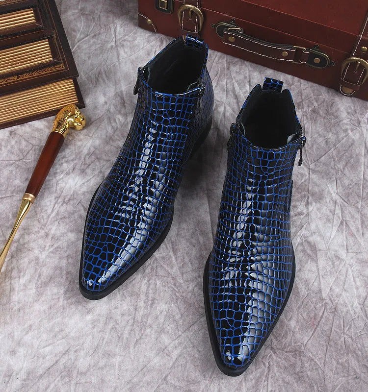 Men Ankle Boots Genuine Leather Black Blue Pointy Men Elegant Dress Boot Italian Formal Crocodile Pattern Chelsea Boot Shoes Men