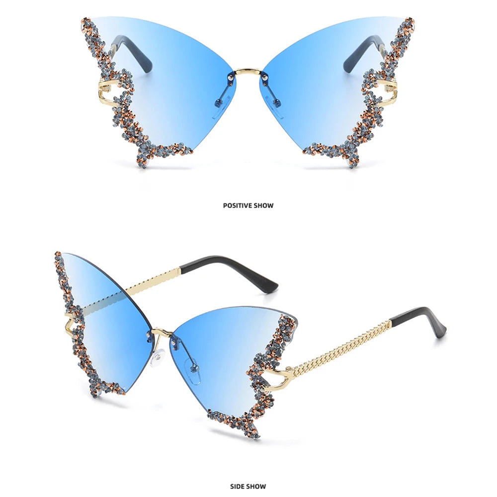 Luxury Diamond Butterfly Sunglasses Women Brand  Vintage Rimless Oversized Sun Glasses Ladies Eyewear Holiday Decorative Eyewear