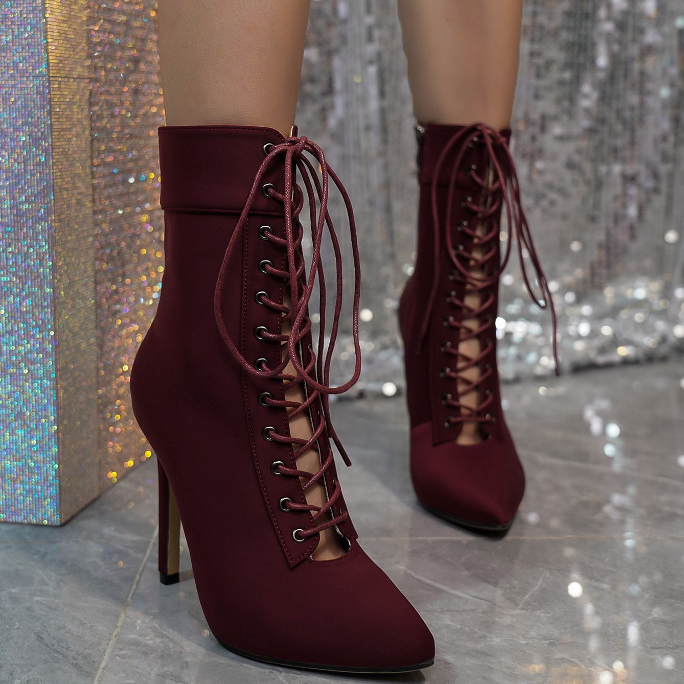 2023 Autumn/Winter New Women's Boots Fashion Pointed Lace Up Zipper Sexy Nightclub Show High Heel Short Boots