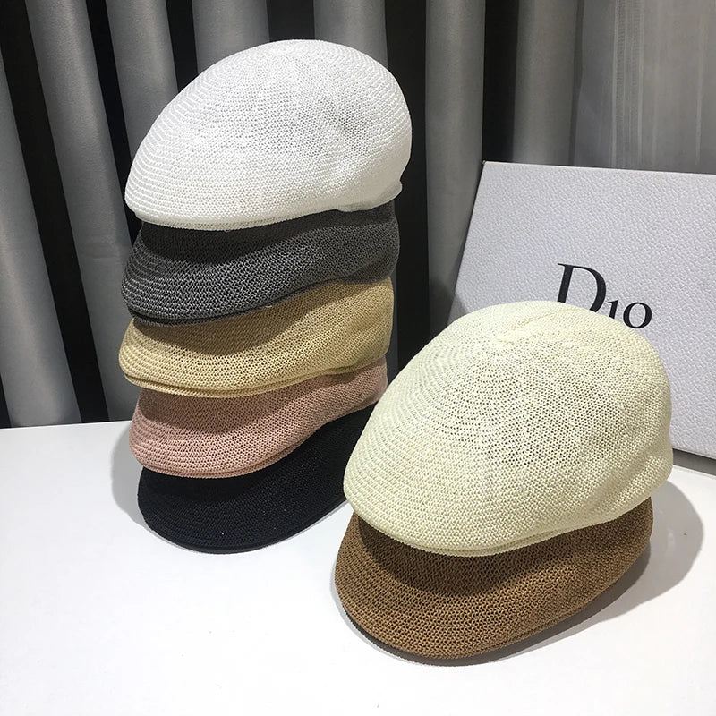 Summer Thin Mesh Forward Hat New Casual Wild British Ladies Beret Retro Hollow Breathable Niche Couple Sunscreen Shade Straw Hat