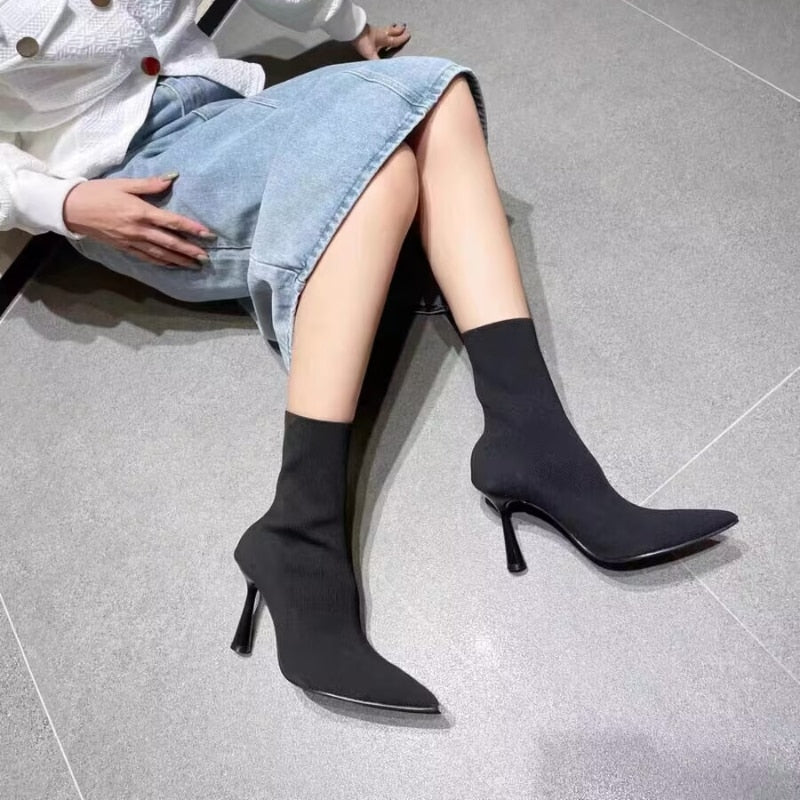 TRAF Black High Heel Sock Boots For Women Elegant Knitting Stretch  Ankel Boots Office Lady Pointed Toe Heels Autumn Heeled Boot