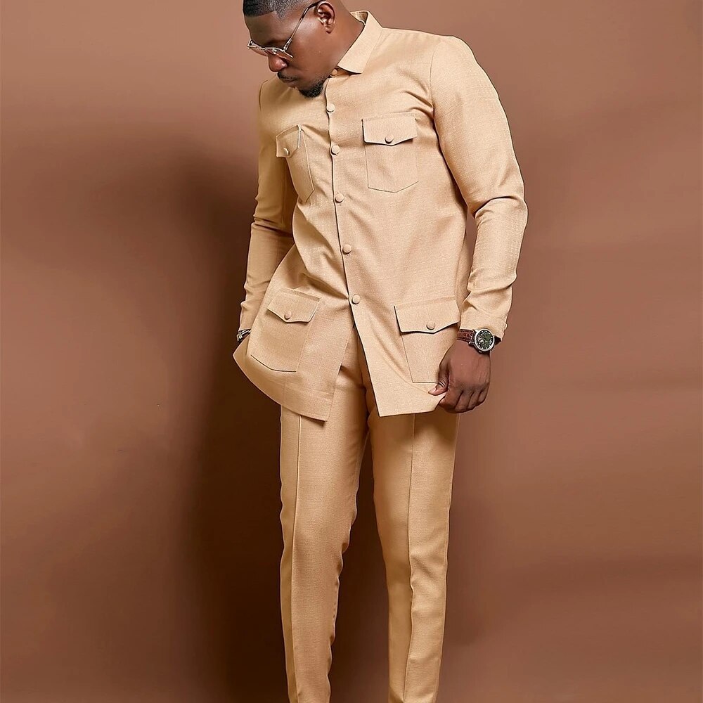 New Men's Wedding Dress Single-breasted Suit Two-piece Suit Shirt Solid Color Iong Sleeve Social African National Style Clothing