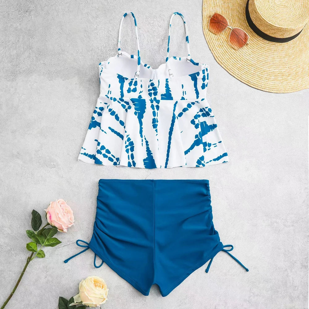 Shell Hard Wrapped Front Tankini Set 2023 New Women Swimsuit Sexy Drawstring Bottom Two-Piece Suit Black/Malachite Blue/Violet