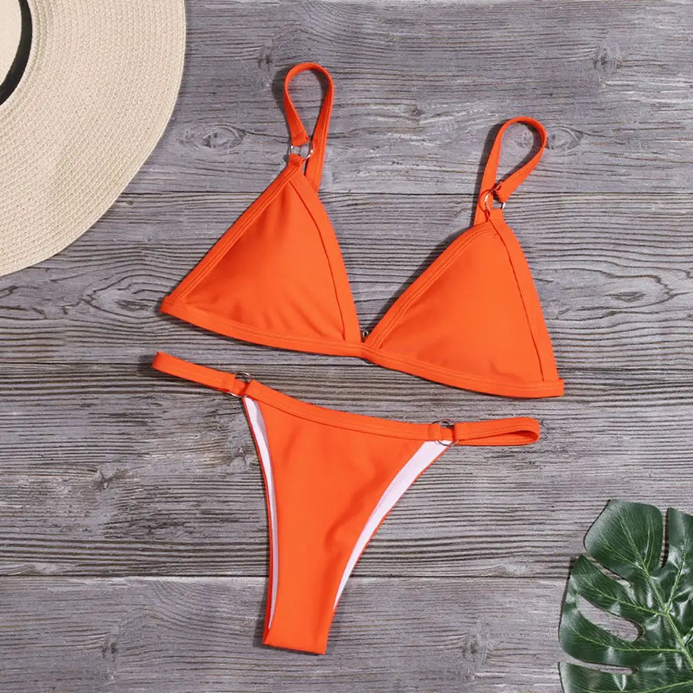Sexy Ladies Sling Bikini Set Women Metal Buckle Decorated Two Piece Bikini Set Brazilian Swimwear Beach Vacation Split Swimwear