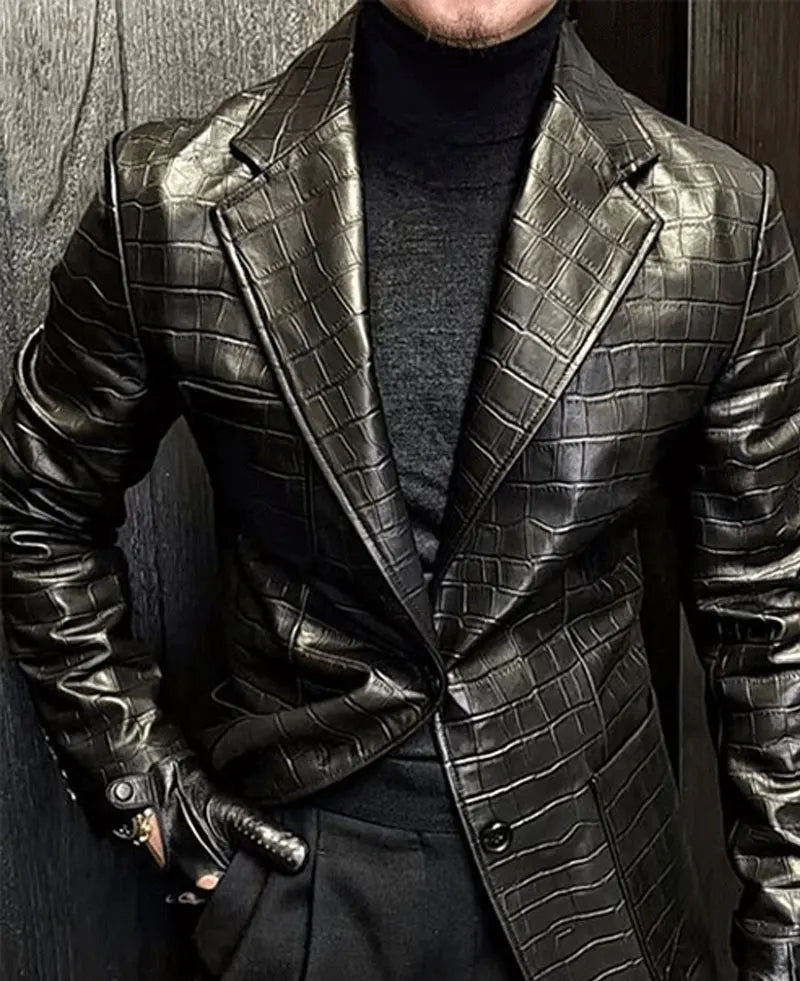 Men's Black Suit Blazer PU Leather Lapel Blazer Jacket Male Glamorous One Button Business Casual Prom Korean Suit Coat