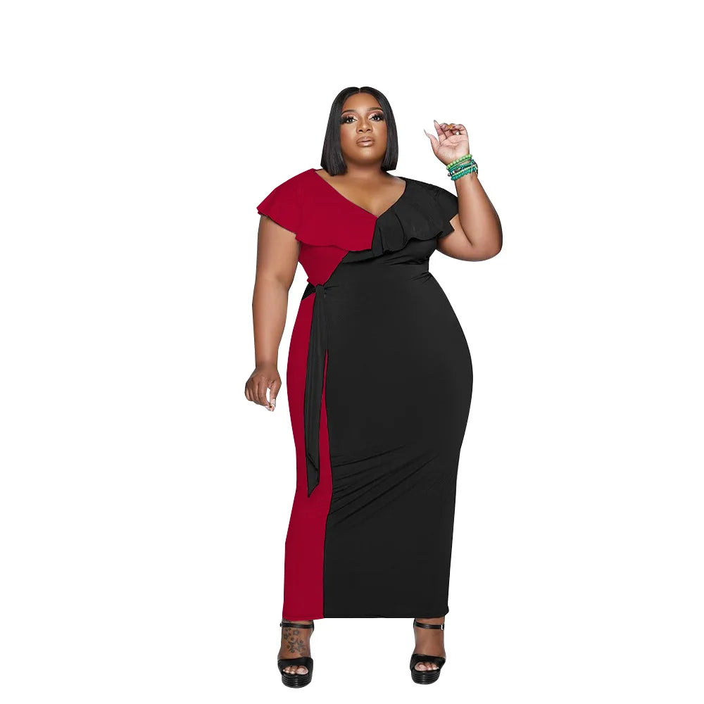 Wmstar Plus Size Women Dresses Summer patchwork Sexy Bodycon Stretch Solid v neck Maxi office lady Dress Wholesale  Dropshipping