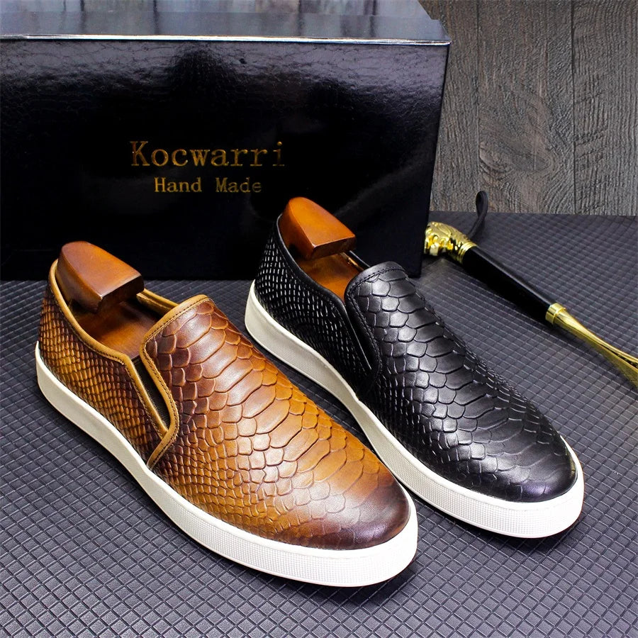 High-end Leather Men's Shoes Comfortable Flat Casual Shoes Fish Snake Pattern Slip-on Handmade Shoes Office Banquet Men's Shoes