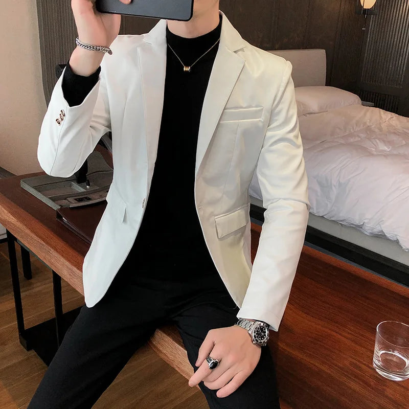 Men High Quality PU Leather Jacket 2022 New Solid Color Fashion Slim Suit Jacket Men Business Casual Prom Korean Men Clothing