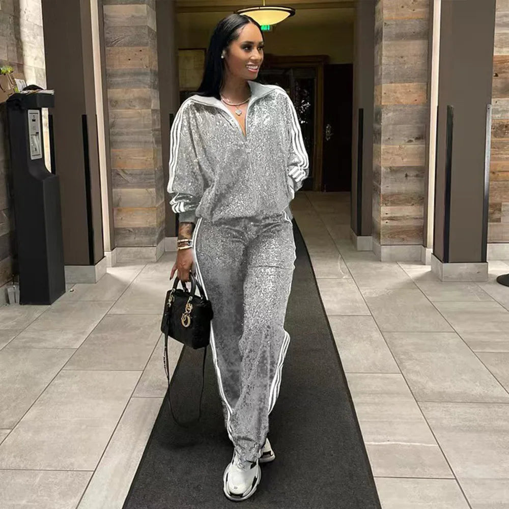 2023 Women 2 Piece Glitter Sequin Outfits Tracksuit Long Sleeve Zip up Pockets Jacket Tops Bodycon Long Pants Sweatsuit Clubwear