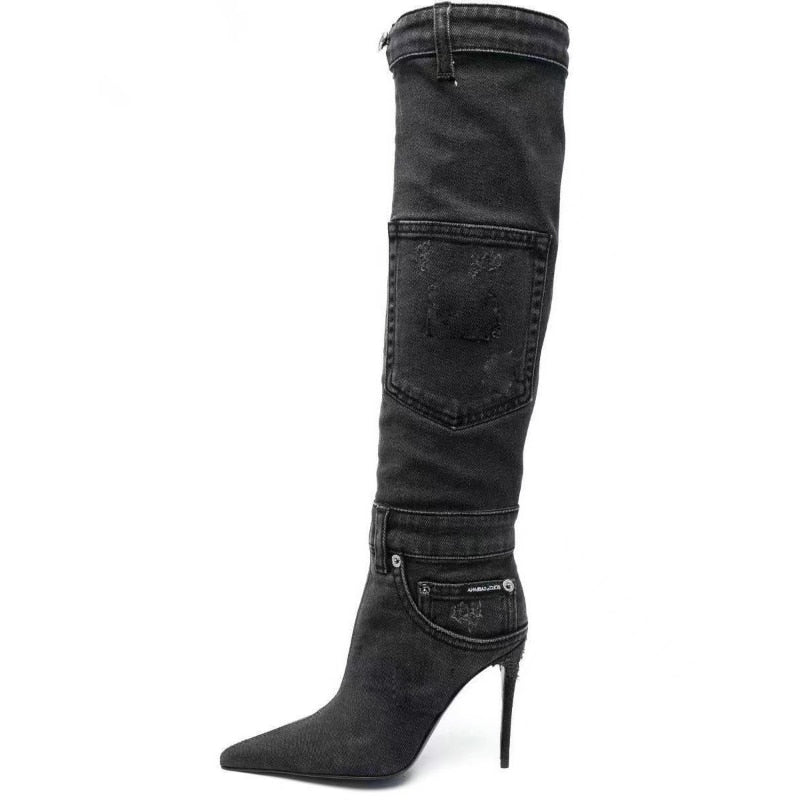 Autumn/Winter 2023 New High Heel Cowboy Boot Water Wash Pocket Design Pointed High Heel Sexy Motorcycle Knee Boots