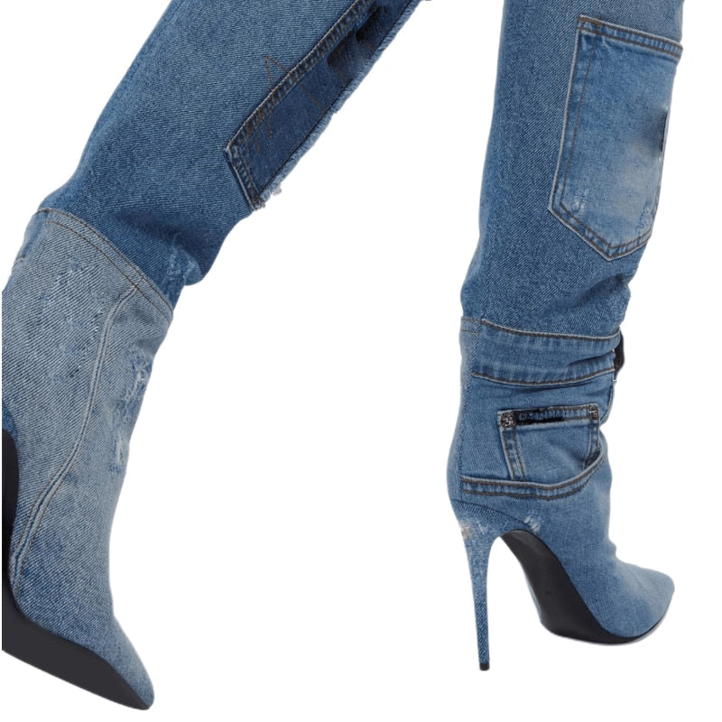 Autumn/Winter 2023 New High Heel Cowboy Boot Water Wash Pocket Design Pointed High Heel Sexy Motorcycle Knee Boots