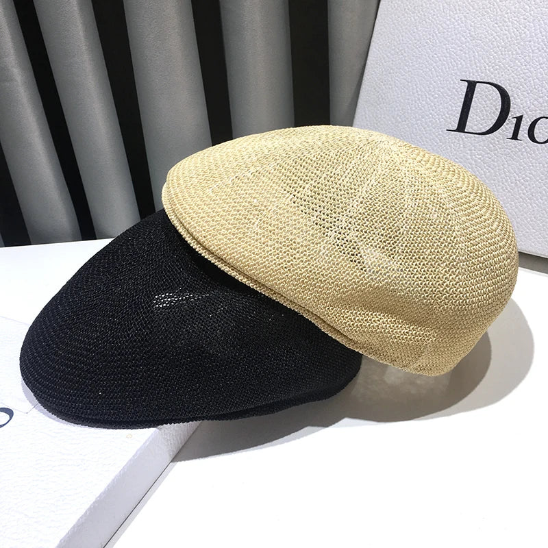 Summer Thin Mesh Forward Hat New Casual Wild British Ladies Beret Retro Hollow Breathable Niche Couple Sunscreen Shade Straw Hat