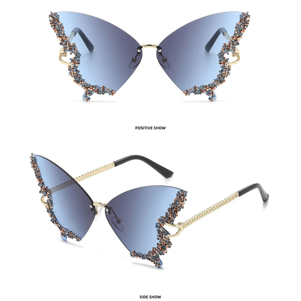 Luxury Diamond Butterfly Sunglasses Women Brand  Vintage Rimless Oversized Sun Glasses Ladies Eyewear Holiday Decorative Eyewear