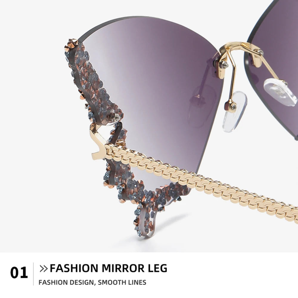 Luxury Diamond Butterfly Sunglasses Women Brand  Vintage Rimless Oversized Sun Glasses Ladies Eyewear Holiday Decorative Eyewear
