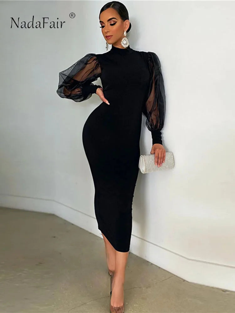 Nadafair Mesh Puff Sleeve Sexy Bodycon Dress Women High Neck Club Outfits Back Split Black Party Maxi Dress Women Winter  2021