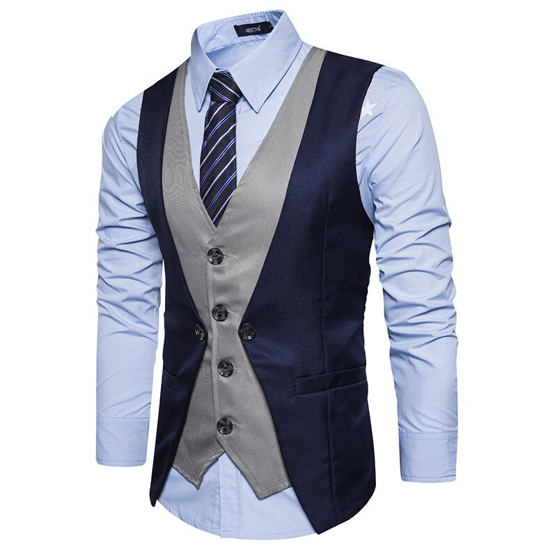 Men Formal Waistcoat Vest Business Solid Color Single Button Vest gilet Fake Two-pieces V Neck Casual S-lim chalecos para hombre