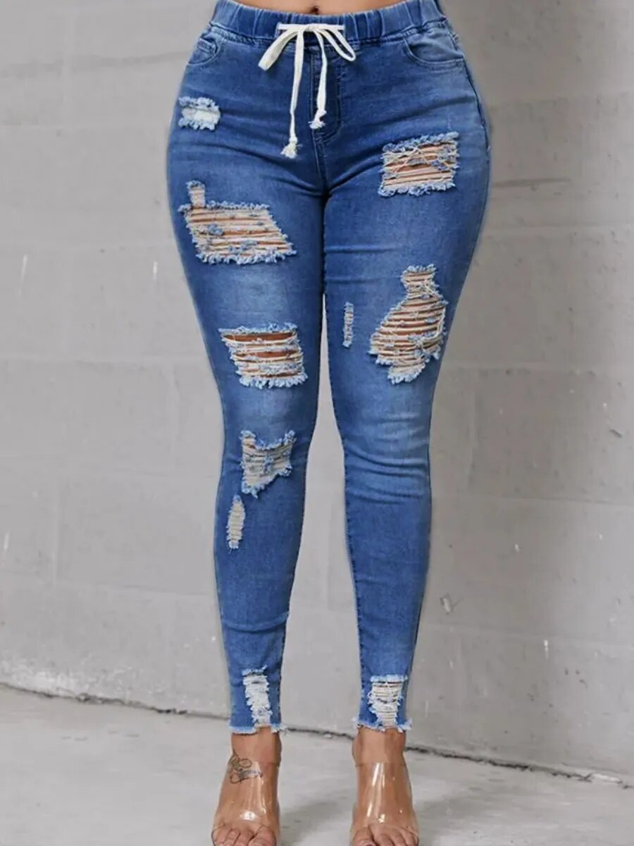 LW Plus Size Jeans High-Waist High Stretchy Ripped Distressed Jeans Classic Elastic Waist Solid cut hole women's Pants
