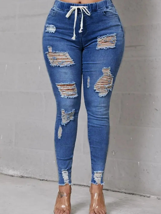 LW Plus Size Jeans High-Waist High Stretchy Ripped Distressed Jeans Classic Elastic Waist Solid cut hole women's Pants