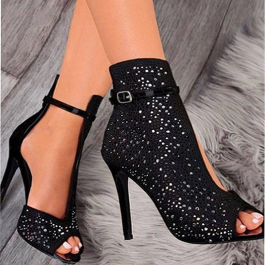 Open Toe Women's Crystal Sandals Ankle Buckle Set High Heels Women's Party Steel Pipe Dance Shoes