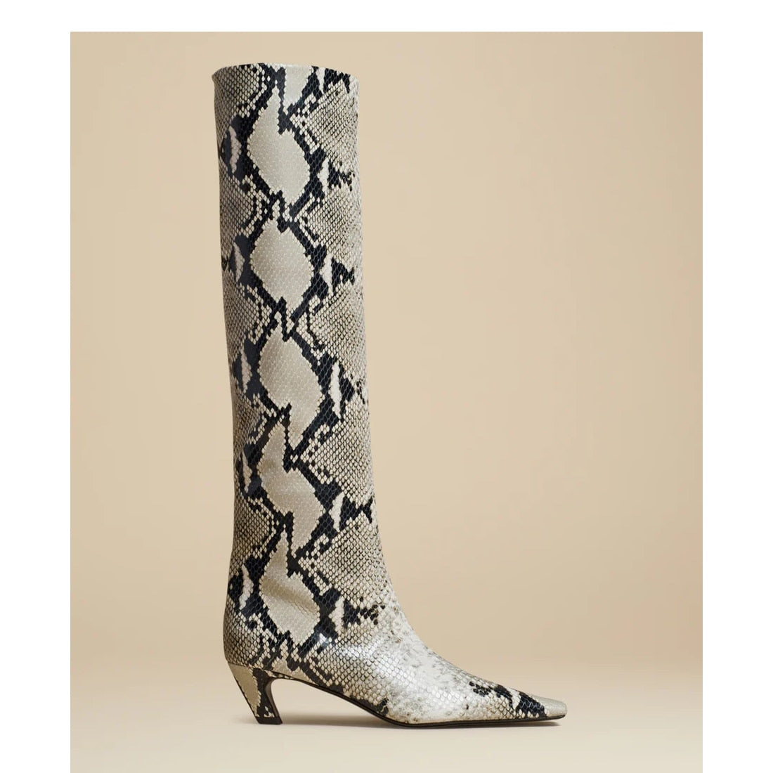 2023 Vegan Snake Leather Knee High Boots for Women Kitten Heel Square Toe Cowboy Boots Black Fall Winter Shoes Plus-Size