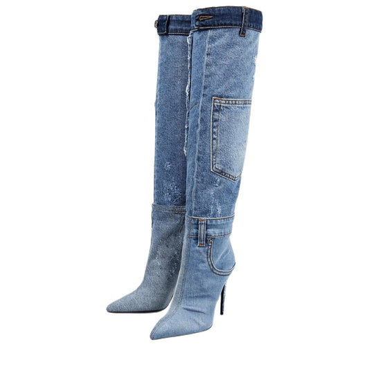 Autumn/Winter 2023 New High Heel Cowboy Boot Water Wash Pocket Design Pointed High Heel Sexy Motorcycle Knee Boots